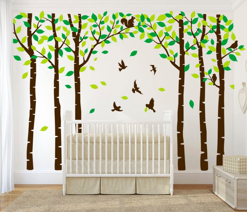 MAFENT Giant Family Tree Wall Decals Forest Birch Tree Wall Stickers Birds Wall Art for Kids Room Nursery Bedroom Living Room Decoration(Dark Brown and Green) - Image 3
